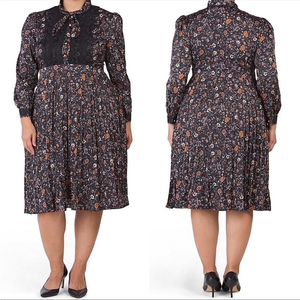 DALIA Macphee Floral Pleated Long Sleeve Midi Dress Black‎ Size 3x New